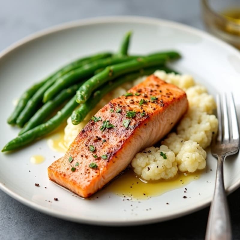 Seared Salmon Fillet with Steamed Green Beans and Garlic Mashed Cauliflower