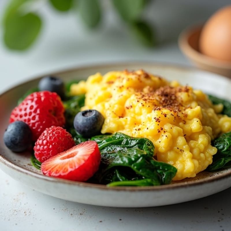 Scrambled Eggs with Sautéed Spinach and Fresh Berries