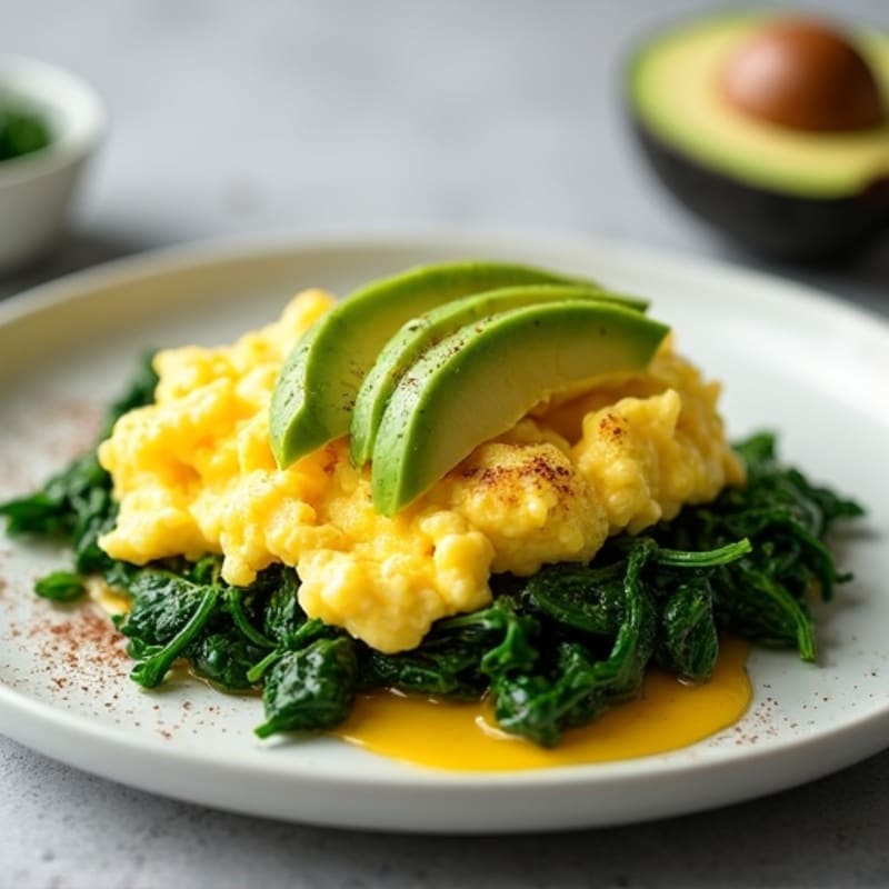Hearty Scrambled Eggs with Sautéed Spinach and Avocado
