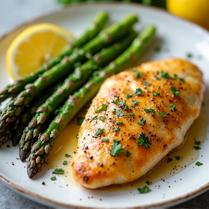 Lemon Garlic Pan Seared Chicken with Roasted Asparagus