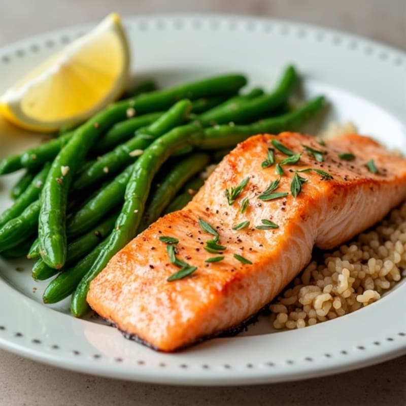 Seared Salmon with Garlic Green Beans and Brown Rice