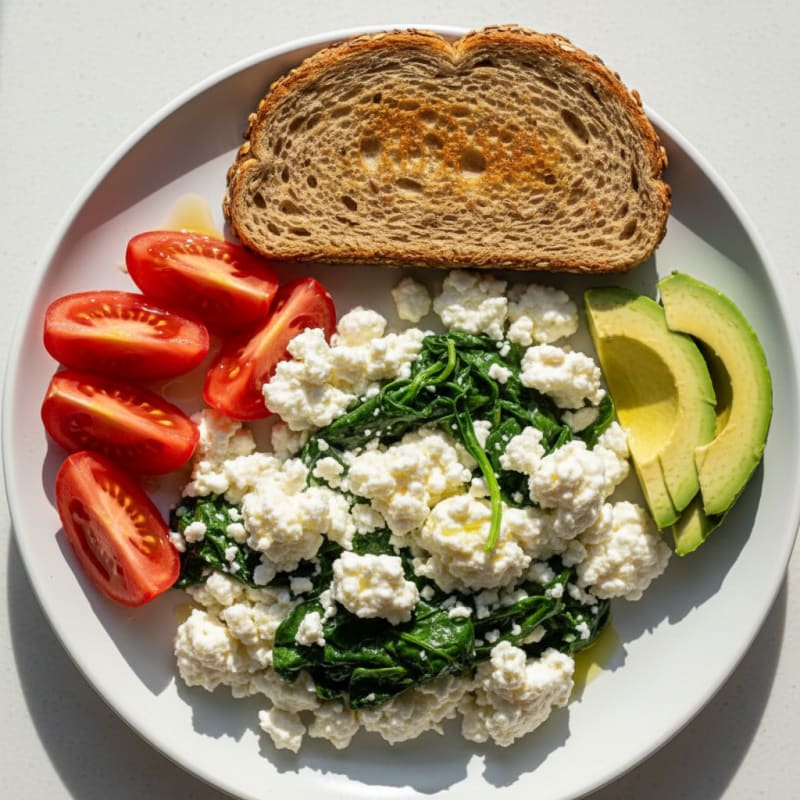 Egg White and Spinach Scramble with Cottage Cheese and Sliced Tomatoes