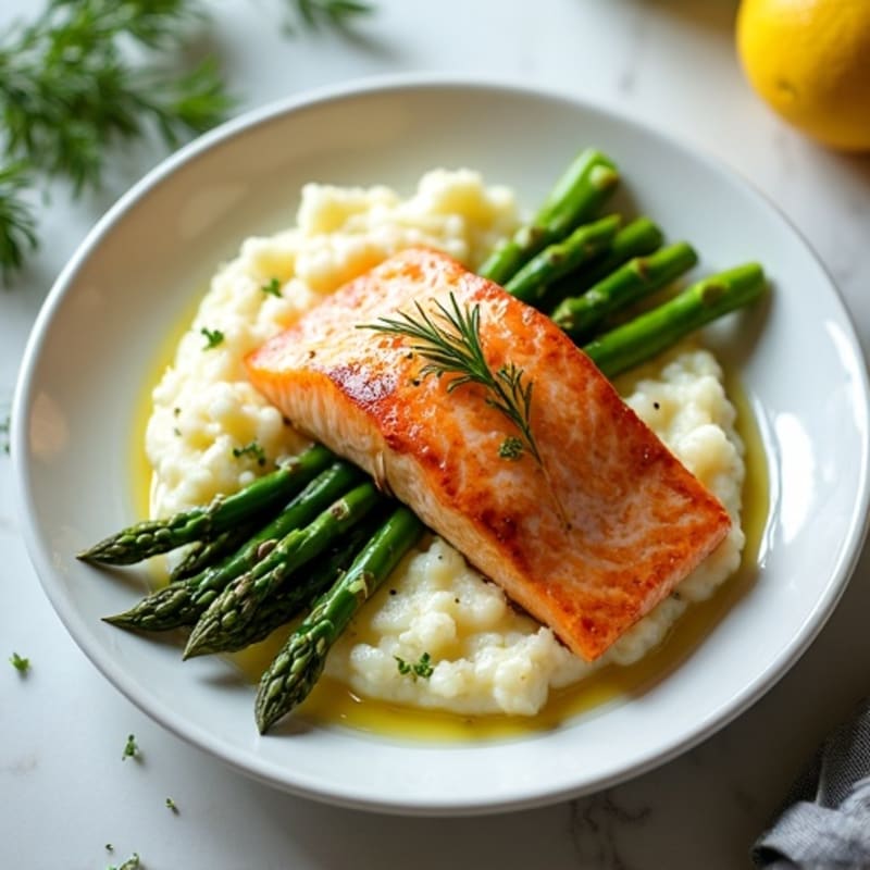 Seared Salmon with Steamed Asparagus and Garlic Cauliflower Mash