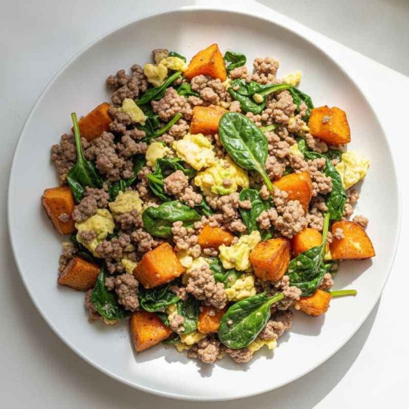 Beef and Spinach Scramble with Roasted Sweet Potatoes