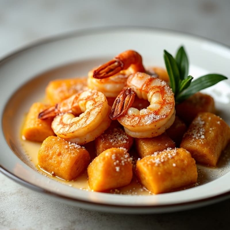 Crispy Sweet Potato Gnocchi with Sage Brown Butter and Grilled Shrimp