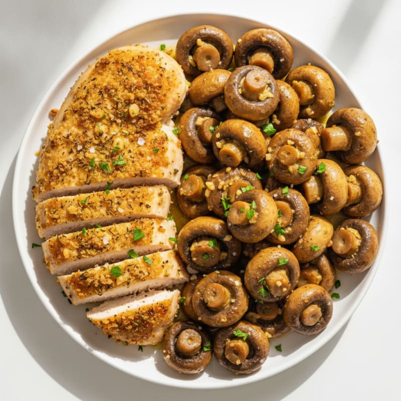 Garlic Butter Roasted Mushrooms with Herb-Crusted Chicken