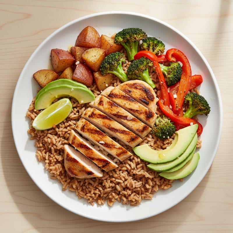 Grilled Chicken and Brown Rice Bowl with Roasted Vegetables