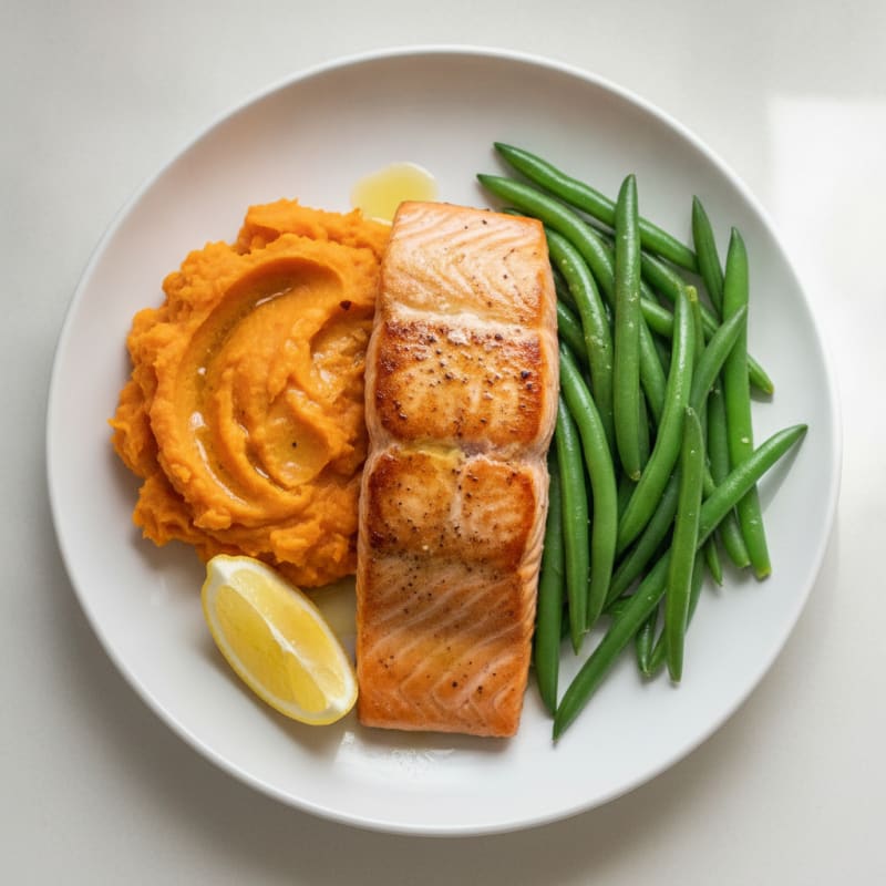 Seared Salmon with Steamed Green Beans and Mashed Sweet Potato