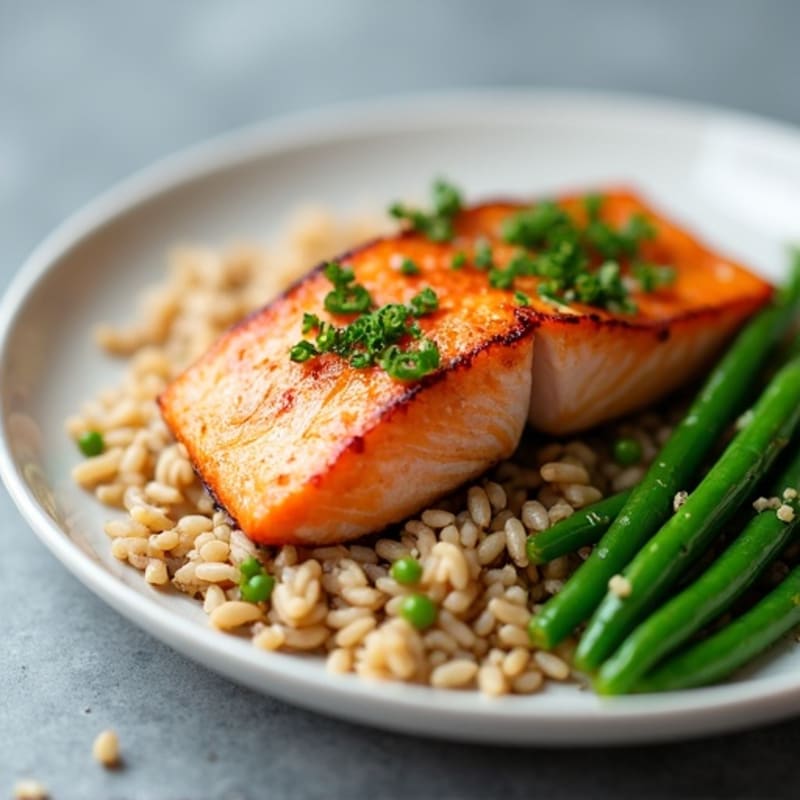 Seared Salmon with Garlic Green Beans and Brown Rice