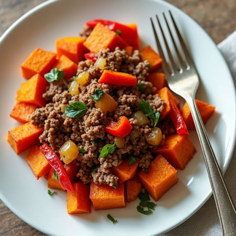 Savory Ground Beef and Roasted Sweet Potato Hash