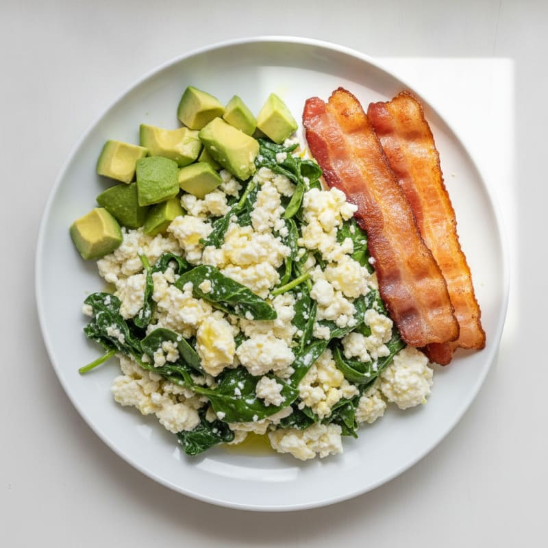 Egg White and Cottage Cheese Scramble with Spinach and Turkey Bacon