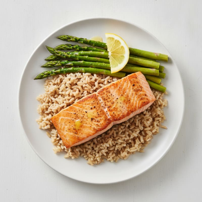 Seared Salmon with Steamed Asparagus and Brown Rice