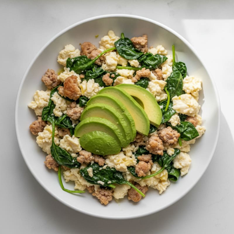 Egg White and Turkey Sausage Scramble with Sautéed Spinach
