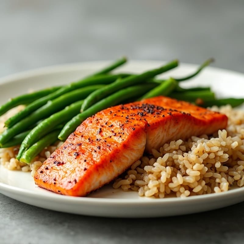 Seared Salmon with Steamed Green Beans and Brown Rice