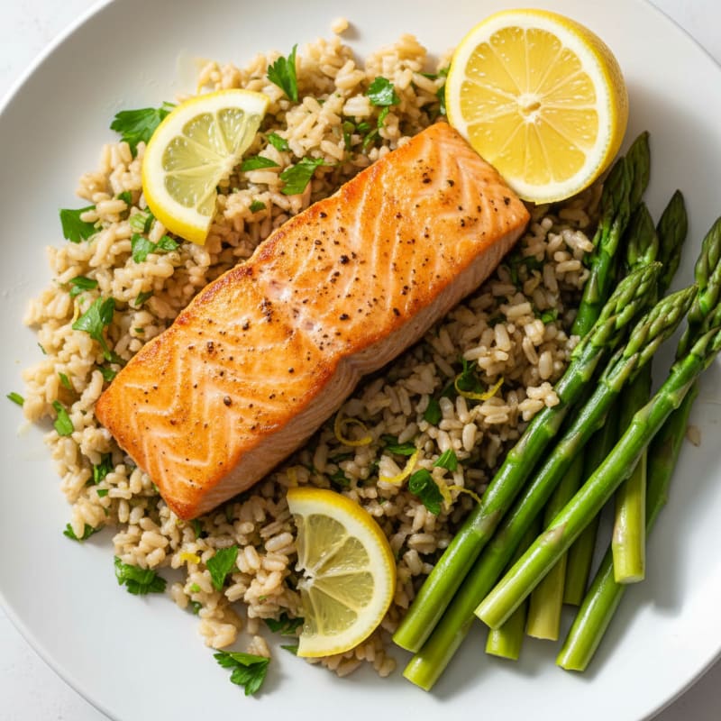 Seared Salmon with Steamed Asparagus and Lemon Herb Rice