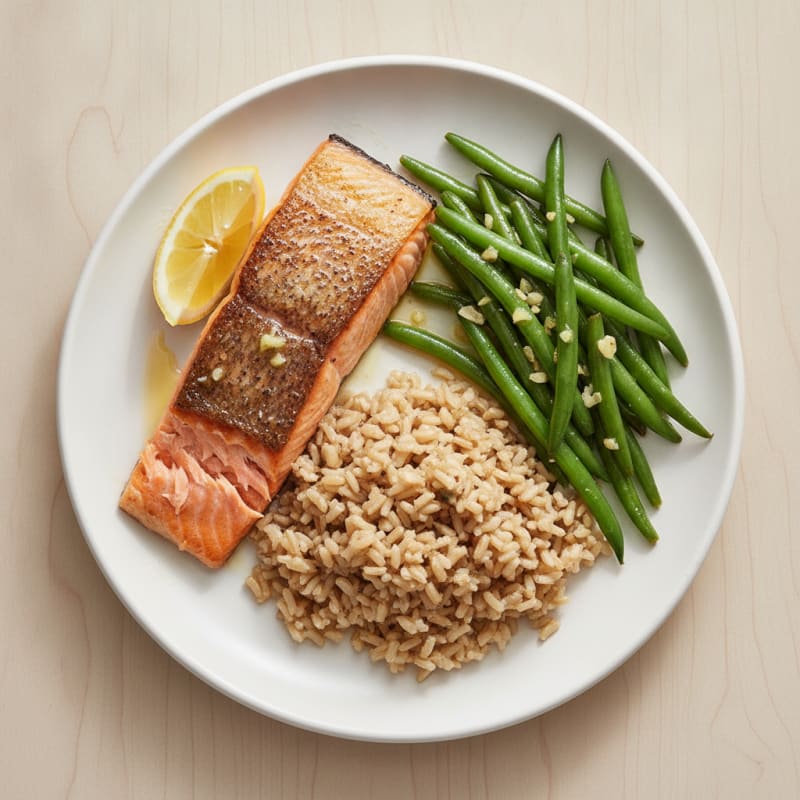 Seared Salmon with Garlic Green Beans and Brown Rice