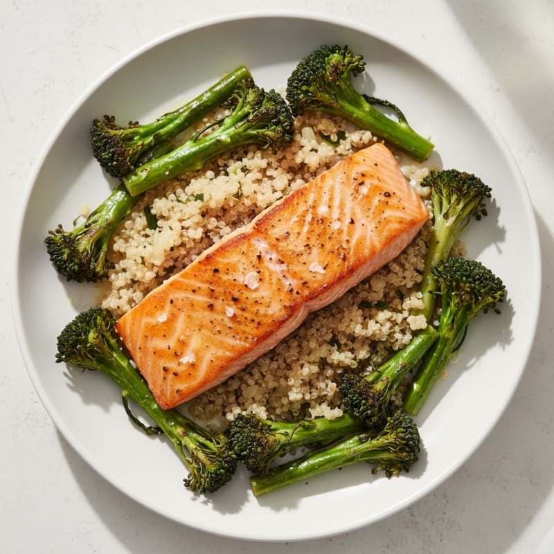 Seared Salmon Fillet with Quinoa and Roasted Broccoli