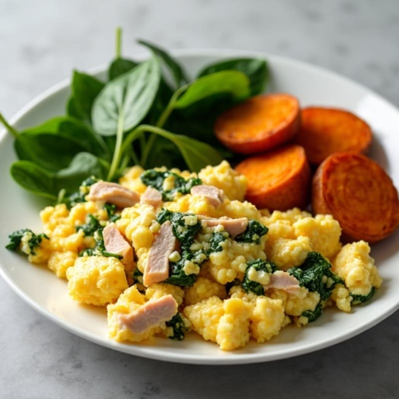 Egg White Scramble with Turkey, Spinach and Roasted Sweet Potatoes
