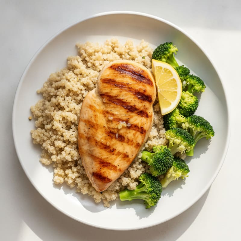 Grilled Chicken Breast with Steamed Broccoli and Quinoa