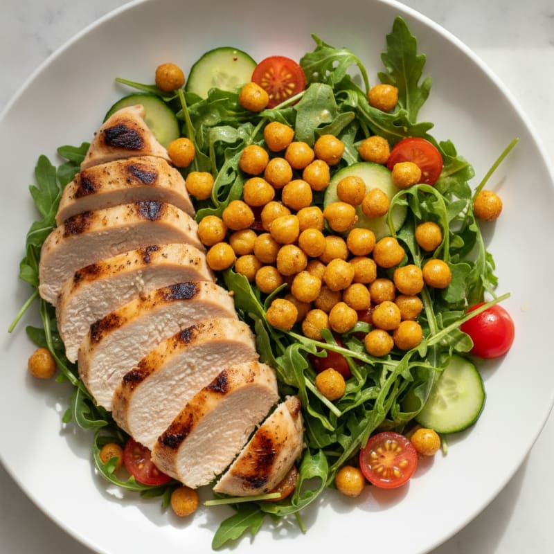 Grilled Chicken Breast with Crispy Chickpea Salad and Lemon Vinaigrette