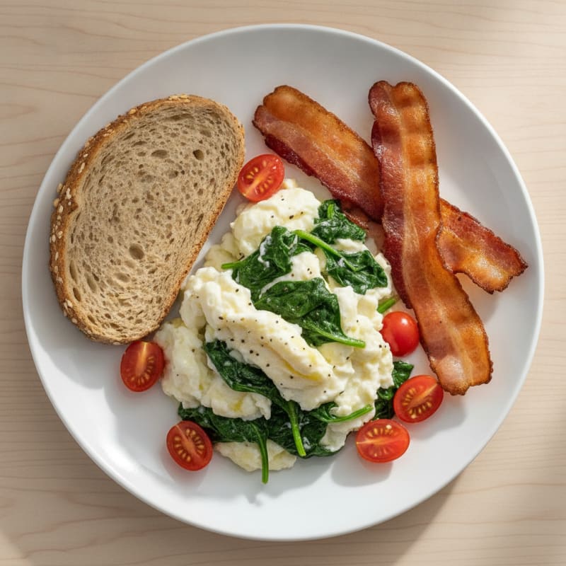 Egg White and Spinach Scramble with Turkey Bacon
