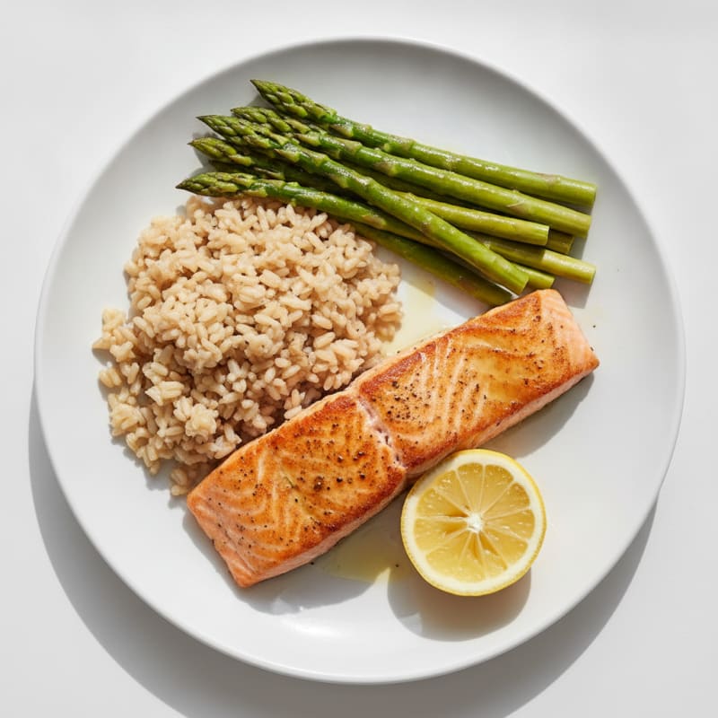 Seared Salmon Fillet with Steamed Asparagus and Brown Rice
