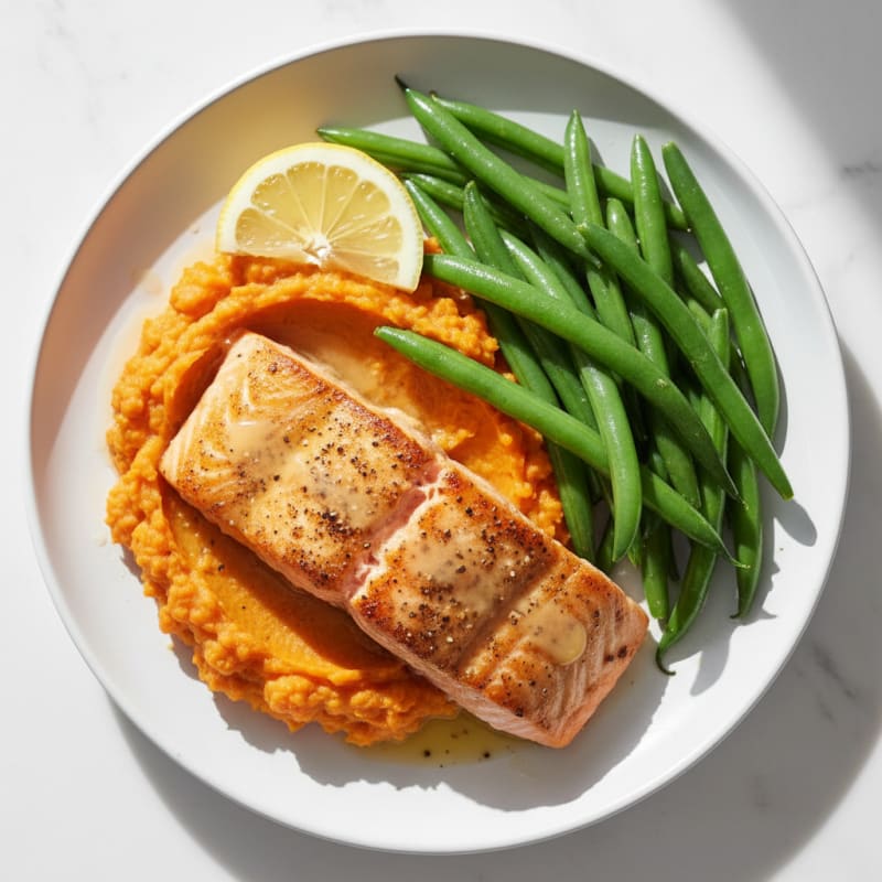 Seared Salmon with Steamed Green Beans and Sweet Potato Mash