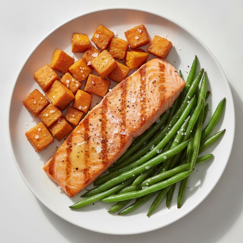 Seared Salmon with Roasted Sweet Potatoes and Green Beans