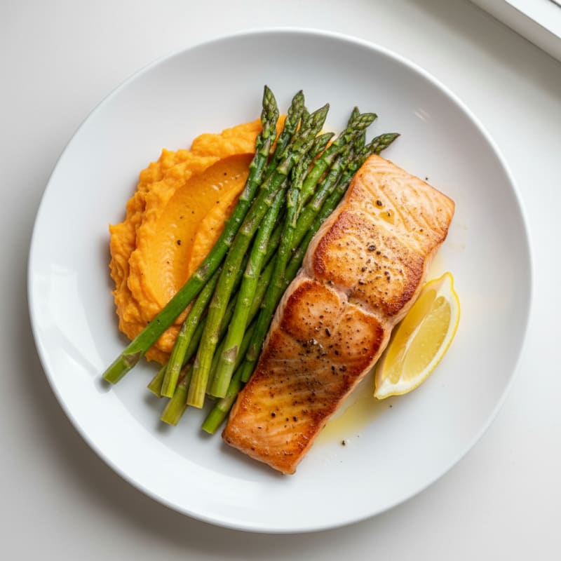Seared Salmon Fillet with Roasted Asparagus and Sweet Potato Mash