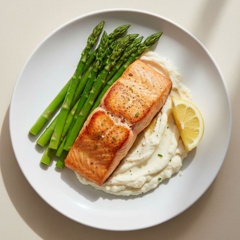 Seared Salmon with Steamed Asparagus and Cauliflower Mash