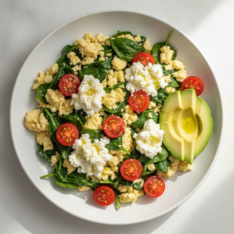 Egg White and Spinach Scramble with Cottage Cheese and Cherry Tomatoes