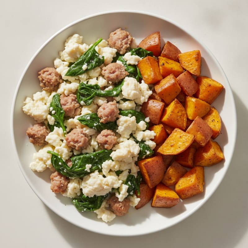 Egg White and Turkey Sausage Scramble with Spinach and Roasted Sweet Potatoes