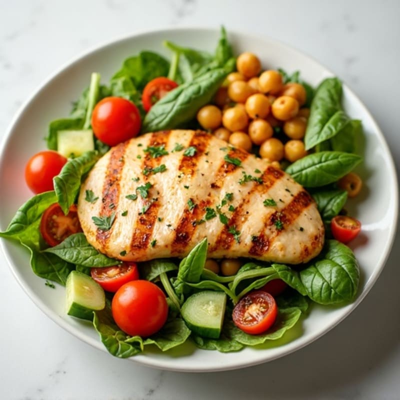 Lemon Herb Chicken and Fresh Vegetable Salad with Crispy Chickpeas