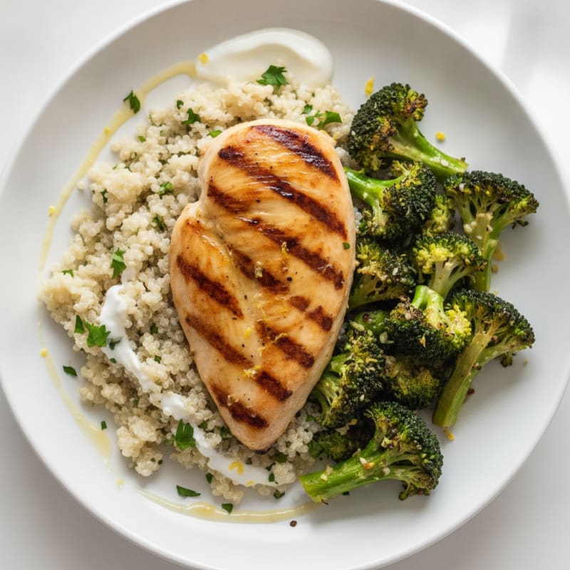 Grilled Chicken Breast with Creamy Quinoa and Roasted Broccoli