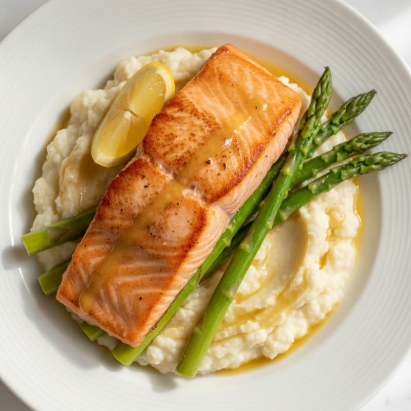 Seared Salmon with Steamed Asparagus and Cauliflower Mash