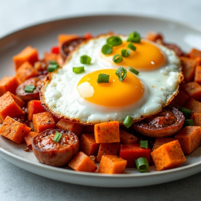 Crispy Sweet Potato and Lean Turkey Sausage Hash with Sunny-Side Up Eggs