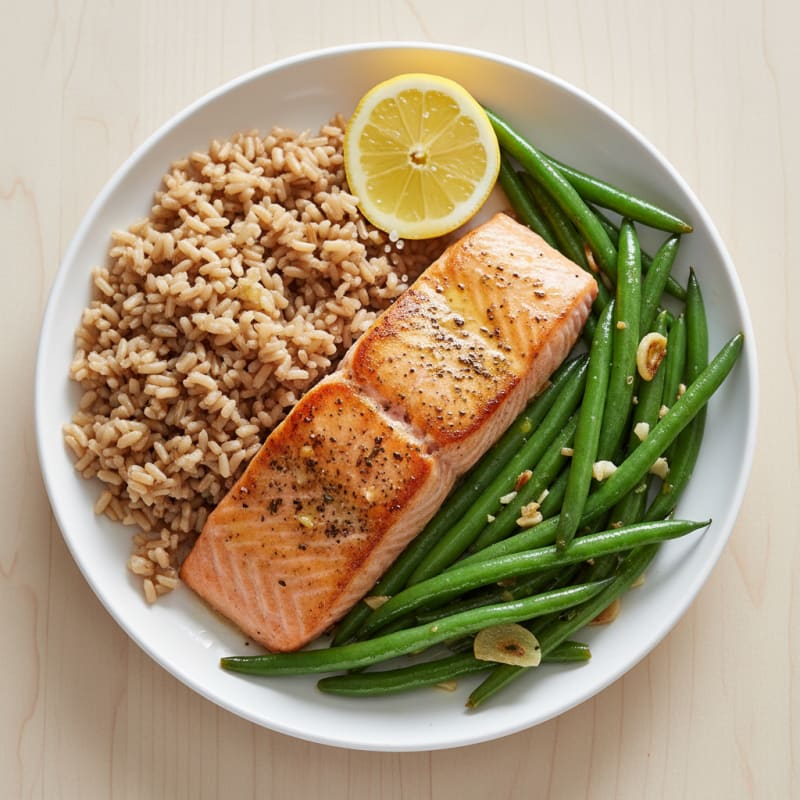 Seared Salmon with Garlic Green Beans and Brown Rice