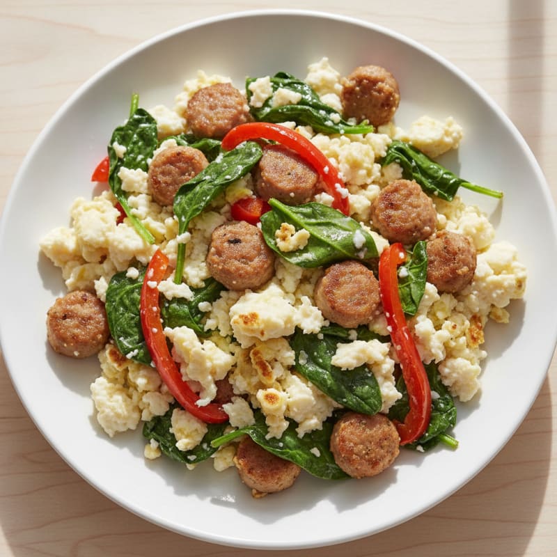 Egg White Spinach Scramble with Turkey Sausage