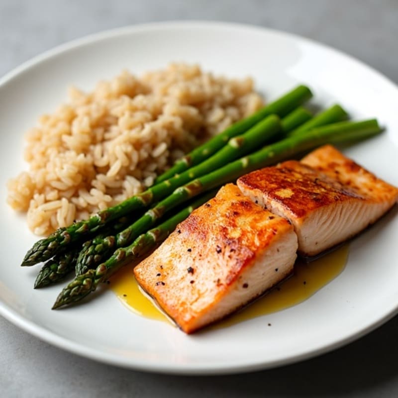 Seared Salmon with Steamed Asparagus and Brown Rice