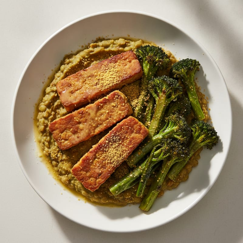 Seared Tempeh with Roasted Broccoli and Lentil Mash