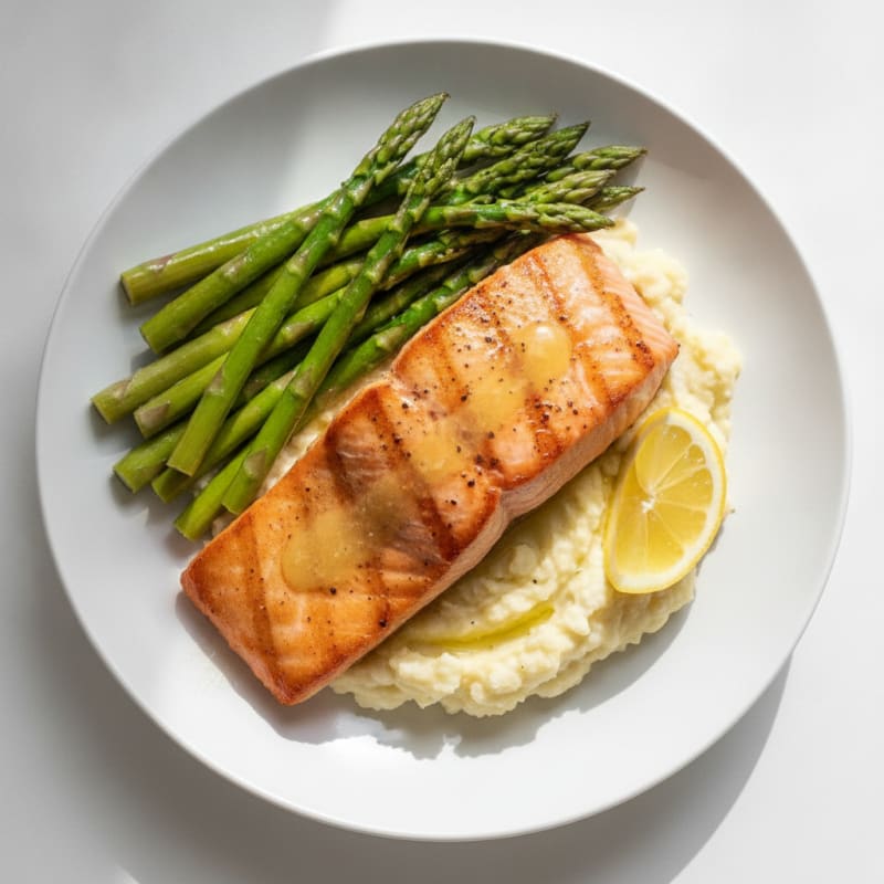 Seared Salmon with Steamed Asparagus and Garlic Mashed Cauliflower