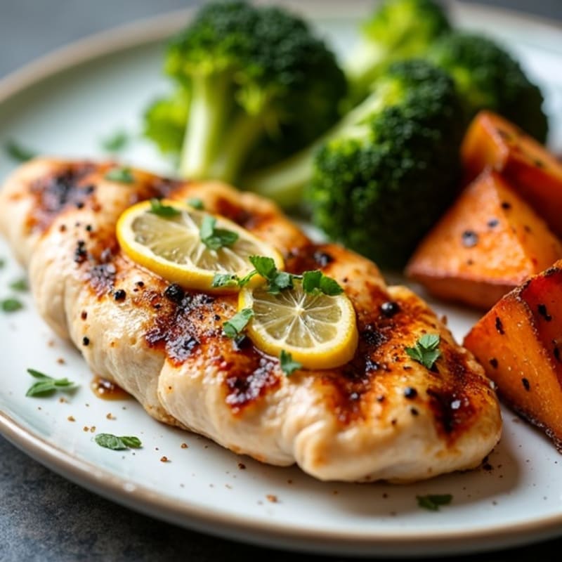 Grilled Lemon Garlic Chicken Breast with Roasted Sweet Potatoes and Broccoli