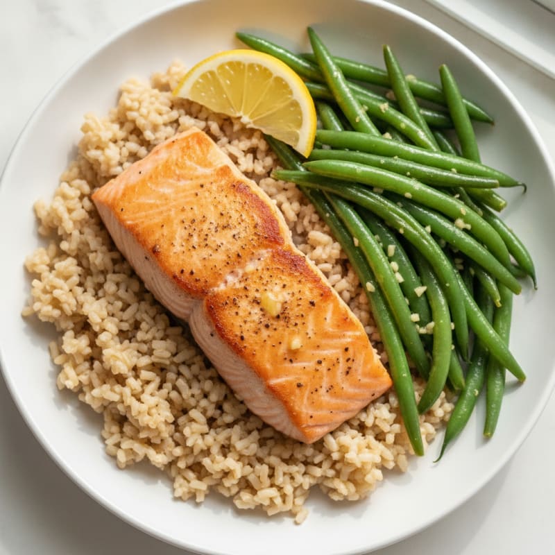 Seared Salmon with Garlic Green Beans and Brown Rice