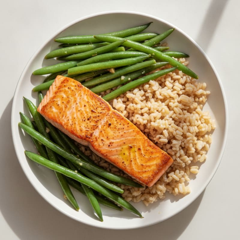 Seared Salmon with Garlic Green Beans and Brown Rice