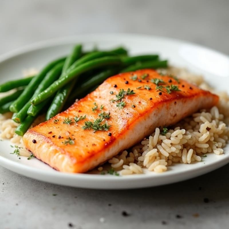 Seared Salmon Fillet with Steamed Green Beans and Brown Rice