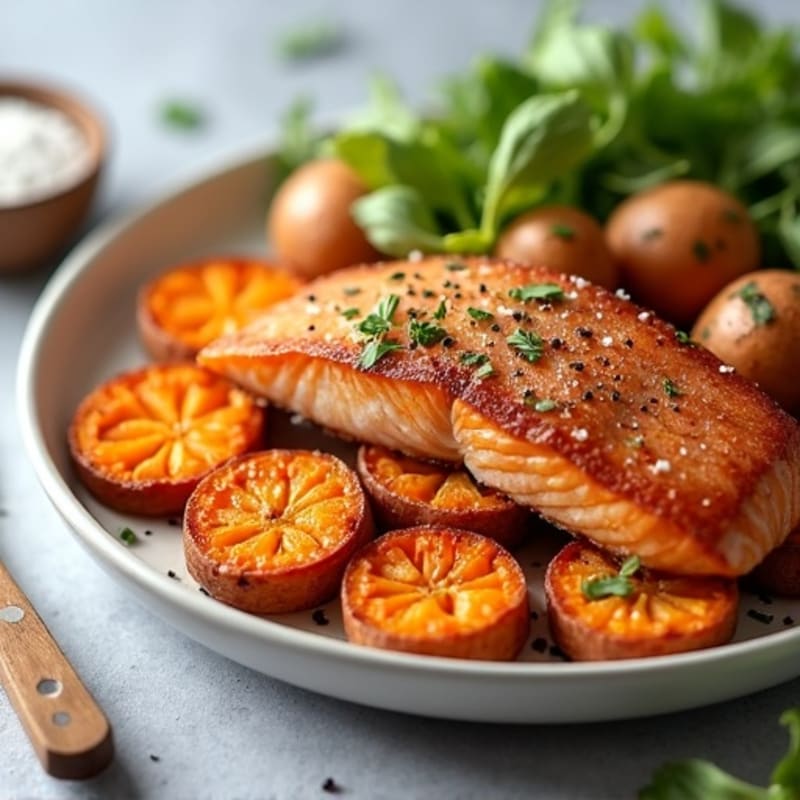 Crispy Salmon with Roasted Sweet Potatoes