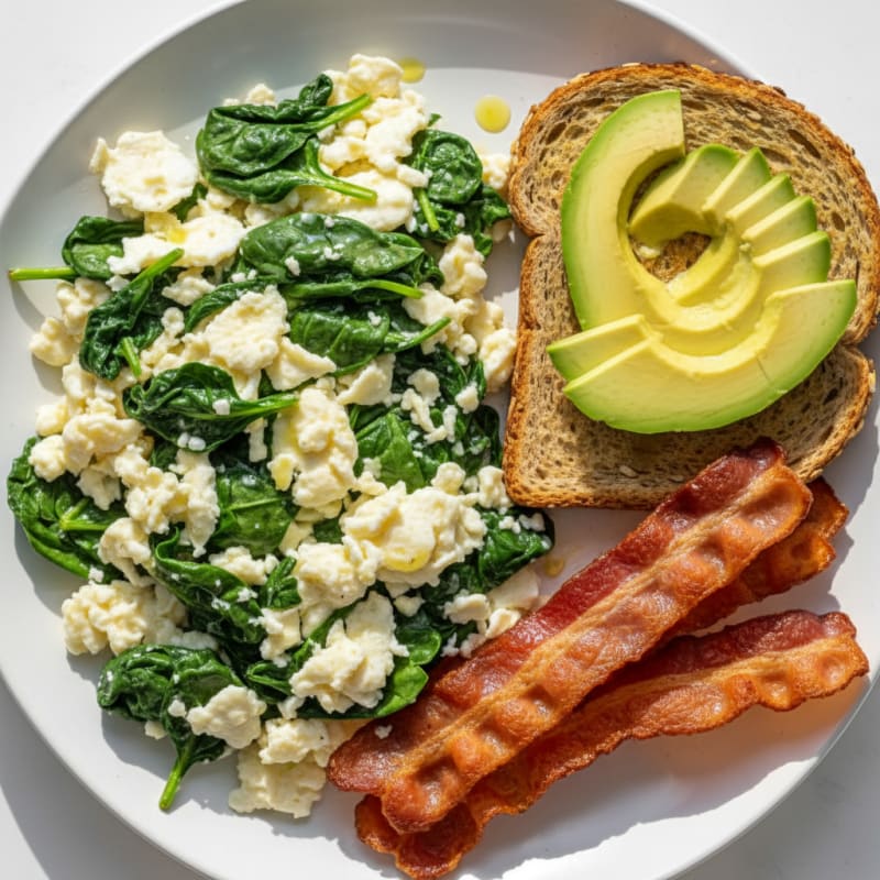 Crispy Turkey Bacon and Egg White Scramble with Sautéed Spinach