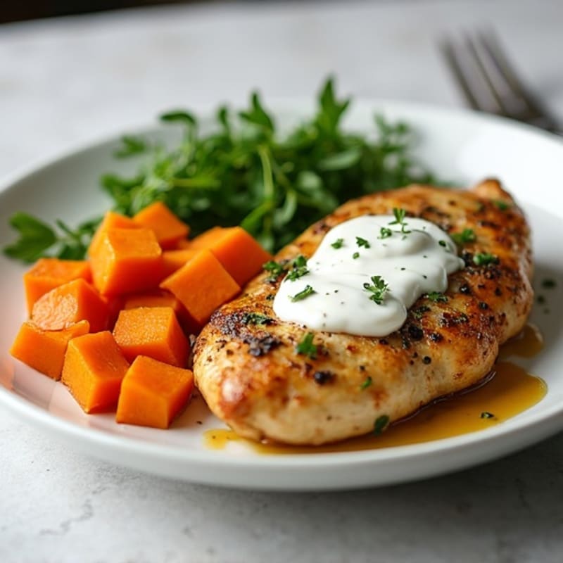 Herb-Roasted Chicken and Caramelized Sweet Potato Plate with Creamy Yogurt Sauce