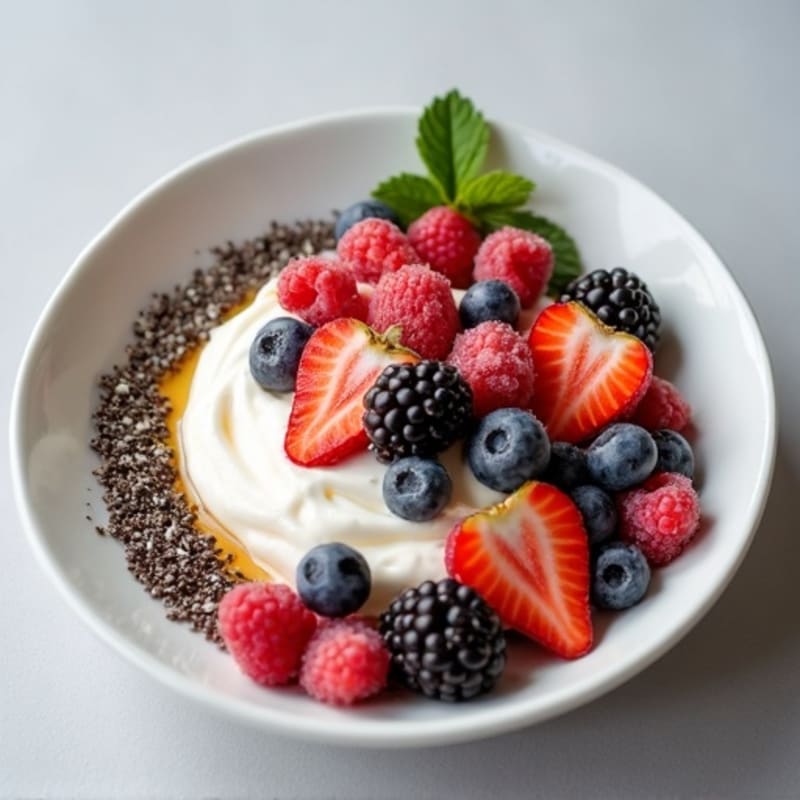 Greek Yogurt with Mixed Berries, Chia Seeds, and Coconut Drizzle