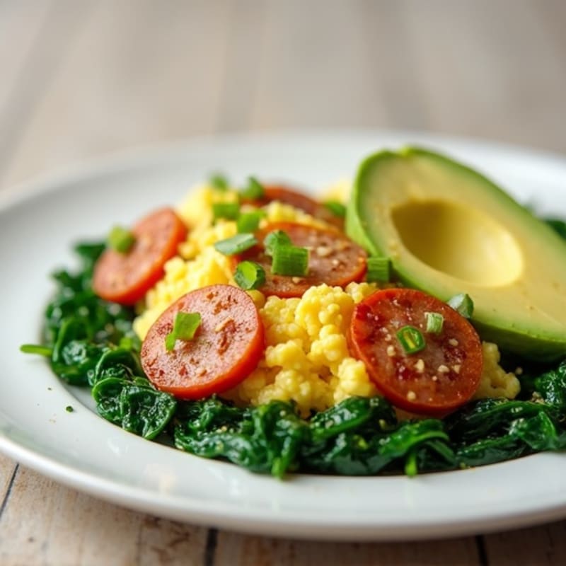 Egg White and Turkey Sausage Scramble with Sautéed Spinach and Avocado